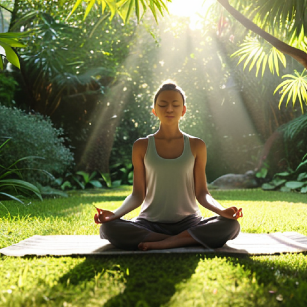 A person meditating peacefully in a serene garden, sunlight gently filtering through the leaves, visualizing self-acceptance and inner peace. Focus on calm colors and a tranquil atmosphere.