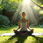 A person meditating peacefully in a serene garden, sunlight gently filtering through the leaves, visualizing self-acceptance and inner peace. Focus on calm colors and a tranquil atmosphere.