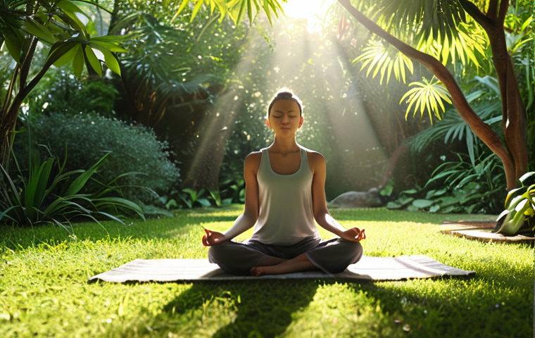 A person meditating peacefully in a serene garden, sunlight gently filtering through the leaves, visualizing self-acceptance and inner peace. Focus on calm colors and a tranquil atmosphere.