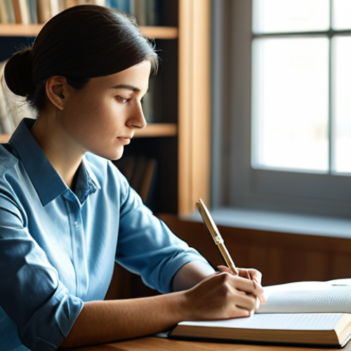 Home 6 A professional woman in modest business casual attire, seated calmly at a sleek wooden desk in a sunlit, minimalist study. She is holding a pen and looking thoughtfully at a journal, engaged in deep introspection, symbolizing self-discovery. The background features blurred bookshelves and soft, natural light filtering through a window, creating a serene and contemplative atmosphere. perfect anatomy, correct proportions, natural pose, well-formed hands, proper finger count, natural body proportions, professional photography, high resolution, soft lighting, sharp focus, safe for work, appropriate content, fully clothed, professional, family-friendly.