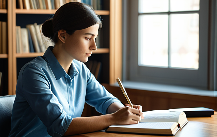 A professional woman in modest business casual attire, seated calmly at a sleek wooden desk in a sunlit, minimalist study. She is holding a pen and looking thoughtfully at a journal, engaged in deep introspection, symbolizing self-discovery. The background features blurred bookshelves and soft, natural light filtering through a window, creating a serene and contemplative atmosphere. perfect anatomy, correct proportions, natural pose, well-formed hands, proper finger count, natural body proportions, professional photography, high resolution, soft lighting, sharp focus, safe for work, appropriate content, fully clothed, professional, family-friendly.