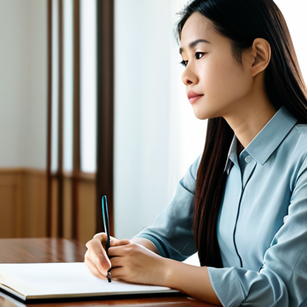 A professional Vietnamese woman in her late 20s, with a serene and thoughtful expression, dressed in a modest, elegant business casual attire. She is sitting calmly at a polished wooden desk in a minimalist, sunlit study. She gently holds a pen, gazing into the distance, symbolizing introspection and the act of 'writing' her life story. Abstract, flowing lines of light subtly emerge from her head, representing the unraveling of 'hidden layers' and new understanding. Soft, natural lighting, professional photography, high resolution, sharp focus on the subject, fully clothed, appropriate attire, modest clothing, professional dress, safe for work, appropriate content, perfect anatomy, correct proportions, natural pose, well-formed hands, proper finger count, natural body proportions.