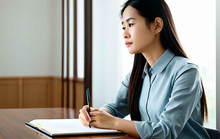 A professional Vietnamese woman in her late 20s, with a serene and thoughtful expression, dressed in a modest, elegant business casual attire. She is sitting calmly at a polished wooden desk in a minimalist, sunlit study. She gently holds a pen, gazing into the distance, symbolizing introspection and the act of 'writing' her life story. Abstract, flowing lines of light subtly emerge from her head, representing the unraveling of 'hidden layers' and new understanding. Soft, natural lighting, professional photography, high resolution, sharp focus on the subject, fully clothed, appropriate attire, modest clothing, professional dress, safe for work, appropriate content, perfect anatomy, correct proportions, natural pose, well-formed hands, proper finger count, natural body proportions.
