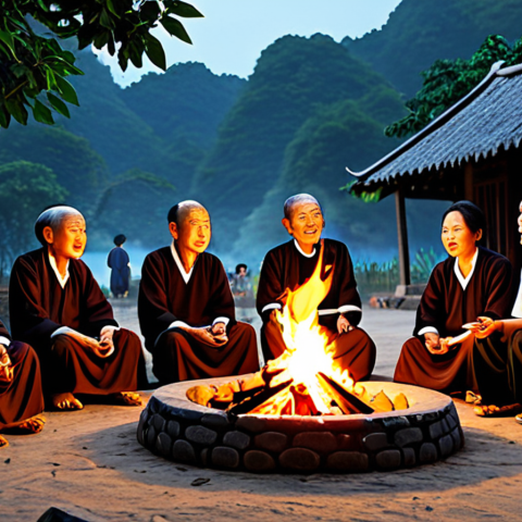 A Thần Thoại Scene**
"A wise old storyteller, sitting by a flickering campfire, surrounded by attentive villagers, telling a traditional Vietnamese folk tale, fully clothed in áo dài, appropriate content, safe for work, perfect anatomy, natural proportions, modest setting, professional illustration, high resolution."
**