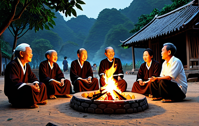 A Thần Thoại Scene**
"A wise old storyteller, sitting by a flickering campfire, surrounded by attentive villagers, telling a traditional Vietnamese folk tale, fully clothed in áo dài, appropriate content, safe for work, perfect anatomy, natural proportions, modest setting, professional illustration, high resolution."
**