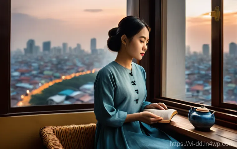 신화적 사고로 불확실성 극복하기 - **Prompt:** A young Vietnamese woman, in her late 20s, sits in a minimalist, modern apartment overlo...