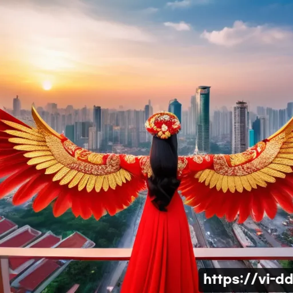 신화 인식 기법의 실생활 적용 사례 - A majestic Vietnamese phoenix (Phượng hoàng) soaring above a modern city skyline at sunrise, symboli...