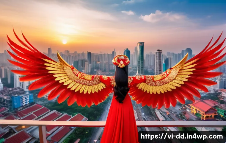 신화 인식 기법의 실생활 적용 사례 - A majestic Vietnamese phoenix (Phượng hoàng) soaring above a modern city skyline at sunrise, symboli...