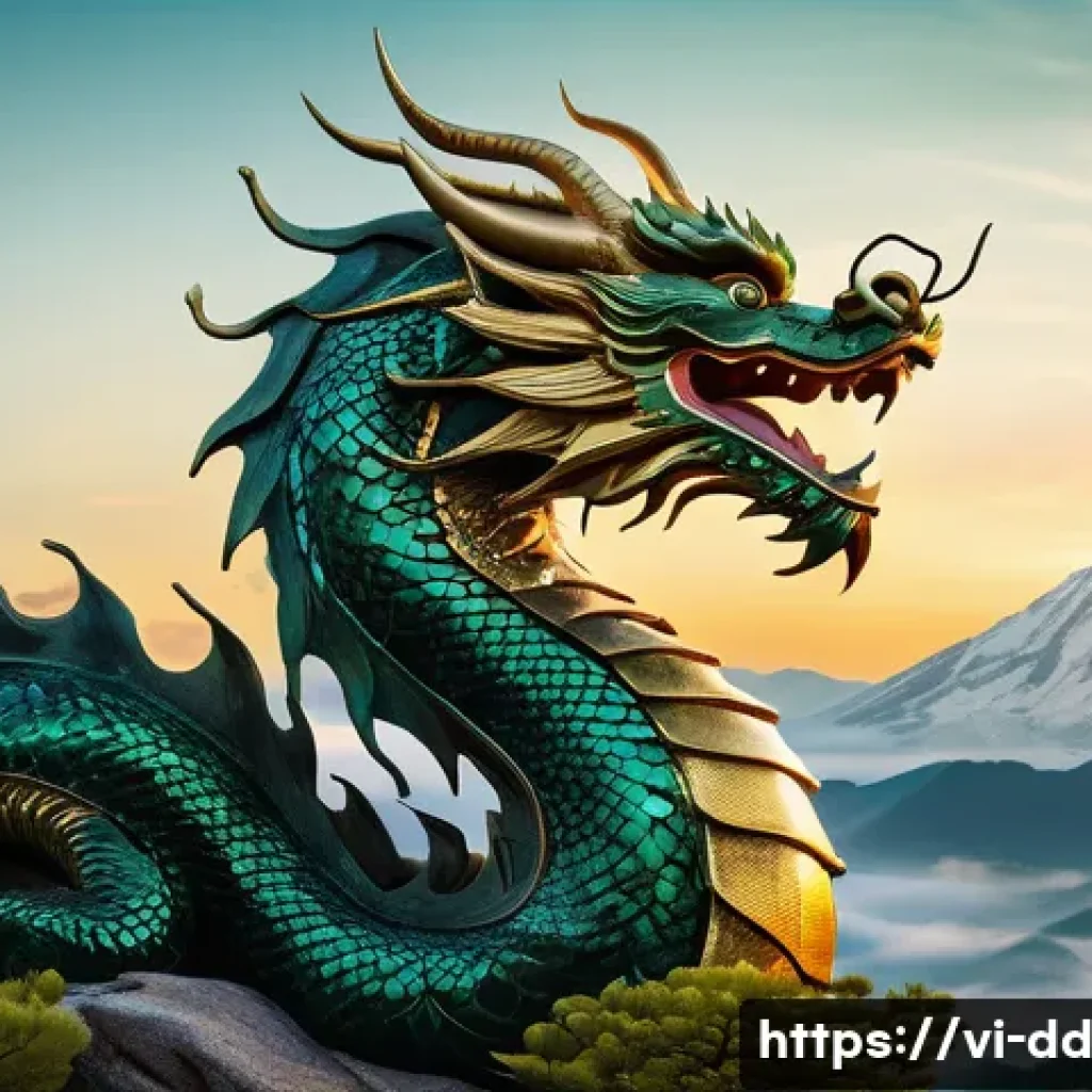 신화적 사고로 얻는 통찰력 - A majestic Asian dragon coiled around a sacred mountain peak at dawn, vibrant scales shimmering in g...