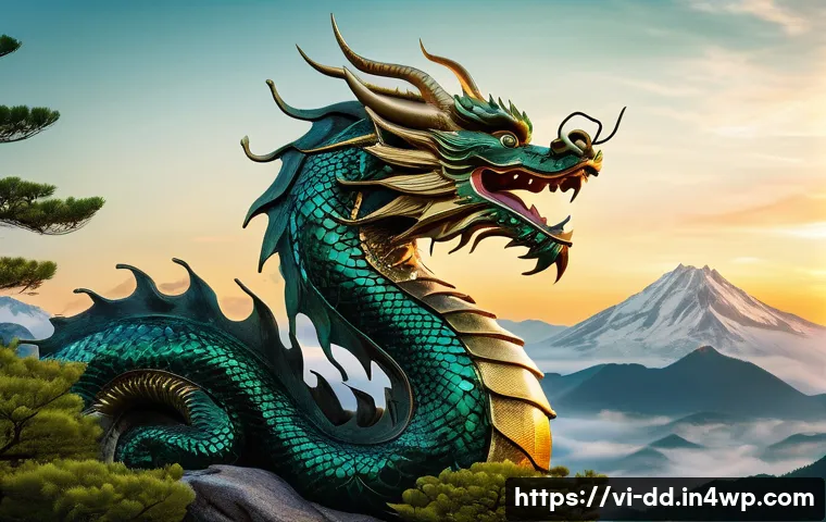 신화적 사고로 얻는 통찰력 - A majestic Asian dragon coiled around a sacred mountain peak at dawn, vibrant scales shimmering in g...