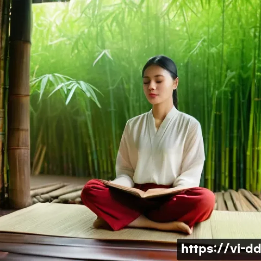 개인 신화와 마인드풀니스의 관계 - A serene Vietnamese woman sitting cross-legged in a traditional bamboo hut surrounded by lush greene...