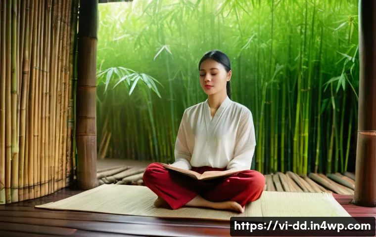 개인 신화와 마인드풀니스의 관계 - A serene Vietnamese woman sitting cross-legged in a traditional bamboo hut surrounded by lush greene...