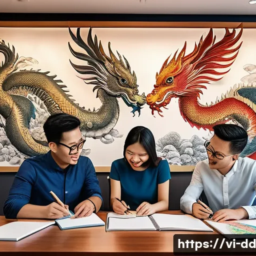 신화적 사고로 문제 해결하기 - A dynamic modern office scene featuring a diverse team of Vietnamese professionals engaging in a cre...