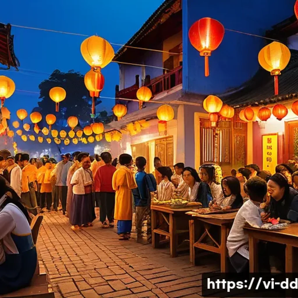 신화 인식의 정신적 성장 효과 - A vibrant and detailed scene depicting a traditional Vietnamese festival where diverse generations g...