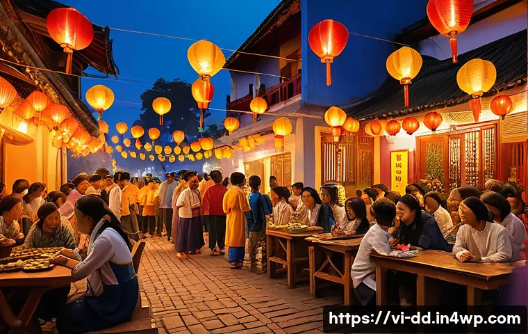신화 인식의 정신적 성장 효과 - A vibrant and detailed scene depicting a traditional Vietnamese festival where diverse generations g...