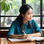 Home 22 개인 신화와 경험의 상관관계 - A thoughtful Vietnamese woman sitting peacefully in a modern Hanoi café, journaling her personal sto...