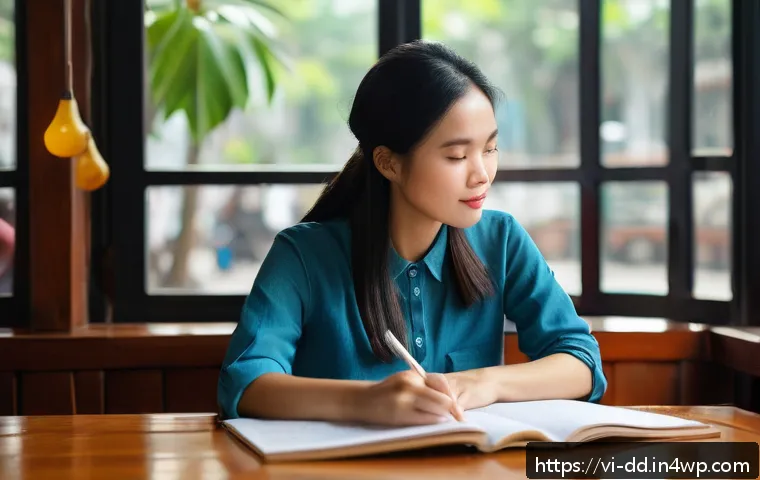 개인 신화와 경험의 상관관계 - A thoughtful Vietnamese woman sitting peacefully in a modern Hanoi café, journaling her personal sto...