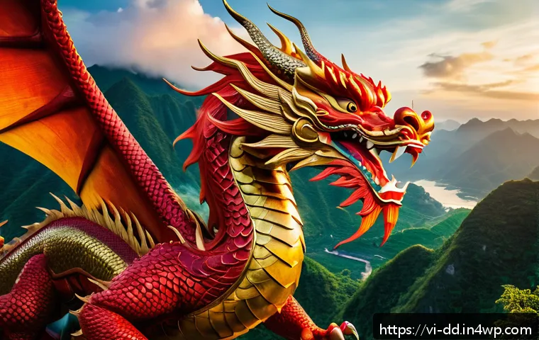 신화 인식 기법을 통한 자기 이해 증진 - A majestic dragon soaring over a lush Vietnamese mountain landscape at sunrise, its scales shimmerin...