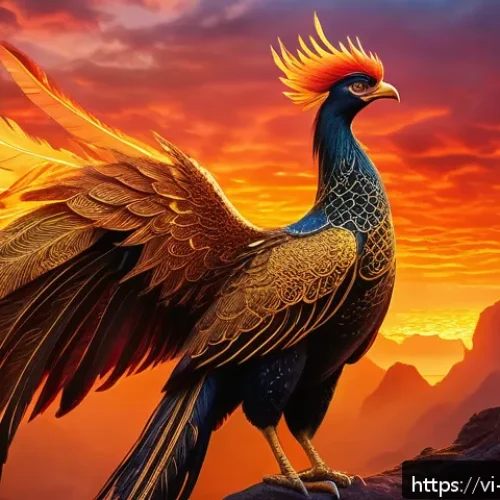 Home 32 신화적 사고로 새로운 관점 찾기 - A majestic mythical phoenix rising from vibrant flames, symbolizing rebirth and transformation, set ...