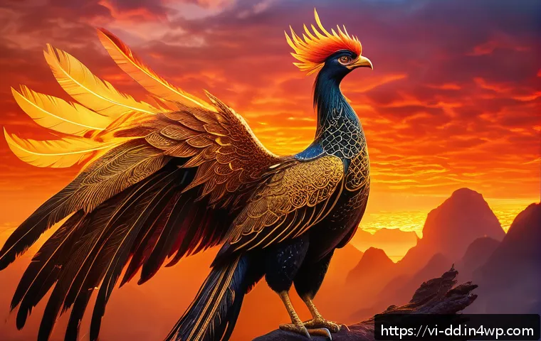 신화적 사고로 새로운 관점 찾기 - A majestic mythical phoenix rising from vibrant flames, symbolizing rebirth and transformation, set ...
