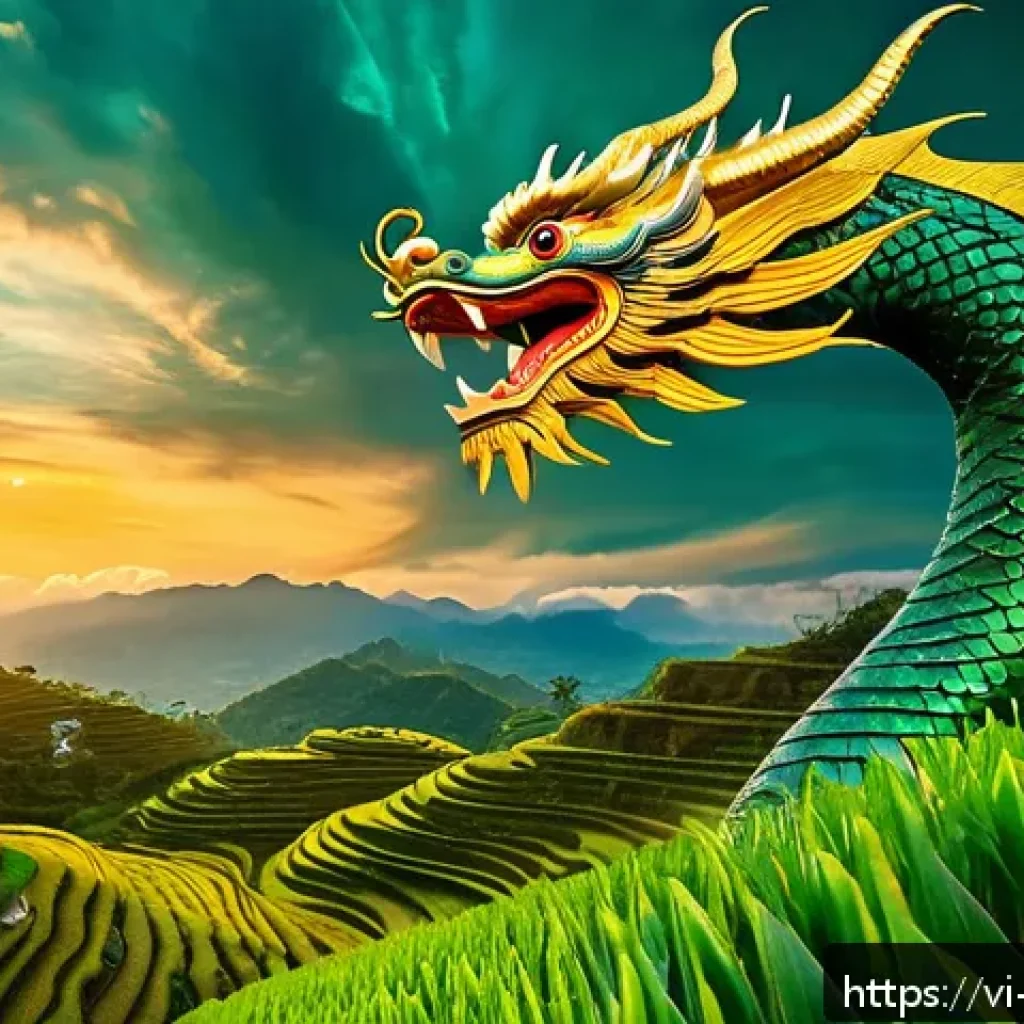 신화적 요소가 포함된 자아 탐색 기법 - A majestic Vietnamese dragon soaring gracefully above lush emerald rice terraces under a vibrant sun...