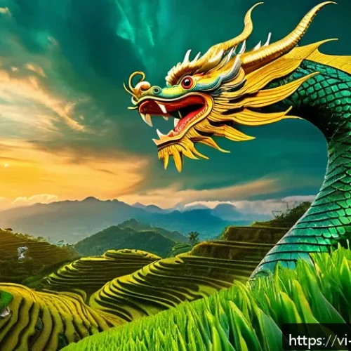 Home 30 신화적 요소가 포함된 자아 탐색 기법 - A majestic Vietnamese dragon soaring gracefully above lush emerald rice terraces under a vibrant sun...
