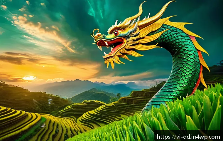 신화적 요소가 포함된 자아 탐색 기법 - A majestic Vietnamese dragon soaring gracefully above lush emerald rice terraces under a vibrant sun...
