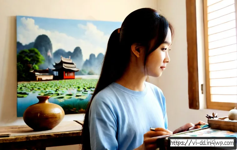 Home 17 개인 신화와 창의성의 관계 - Photorealistic Vietnamese young adult artist in a sunlit Hanoi studio, thoughtfully painting a large...