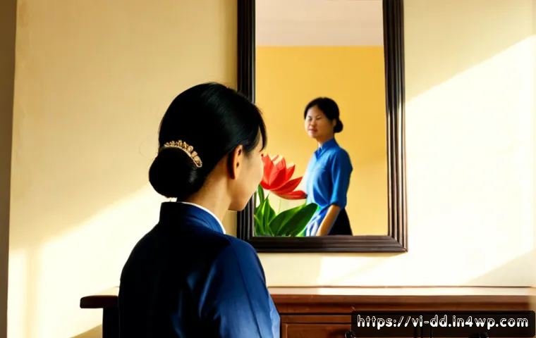 개인 신화의 인식과 변화의 과정 - Photorealistic Vietnamese woman in her 40s standing before a large sunlit mirror in a quiet Hanoi ap...