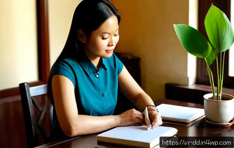 Home 15 개인 신화 인식을 통한 스트레스 관리 - Photorealistic Vietnamese woman in her late 30s sitting calmly at a wooden table in a sunlit Hanoi a...