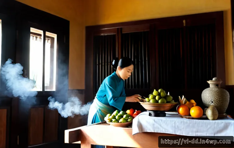 Home 15 신화적 사고의 사례 분석 - Photorealistic Vietnamese family home at dawn, a middle-aged woman in modest traditional clothing ca...